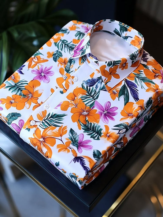Men's Satin Luxe Hawaiian Orange Floral Short Sleeve Button Shirt