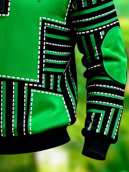 (Detachable Shamrock Brooch Included) Men's St. Patrick's Day Printed Color-Block Zip-Up Hoodie