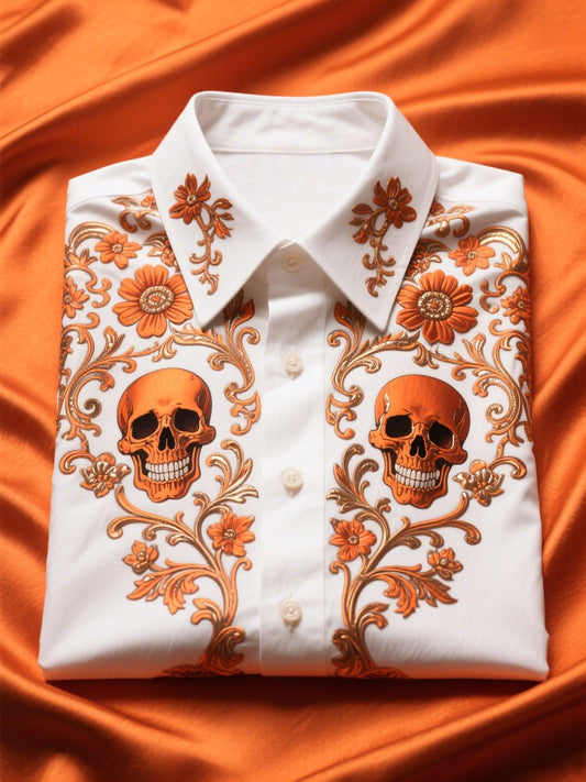 Men's Satin Luxury Business Skull Short Sleeve Button Shirt