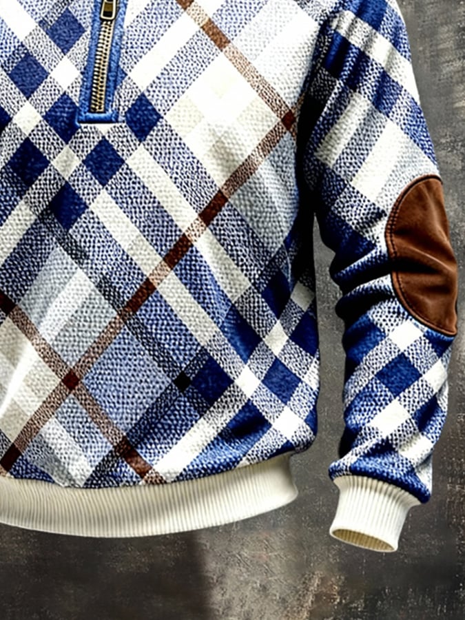 Men's Retro Color Block Print Color-Blocked Zip-Up Sweatshirt