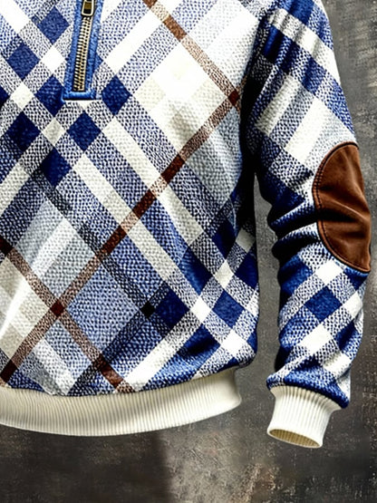 Men's Retro Color Block Print Color-Blocked Zip-Up Sweatshirt