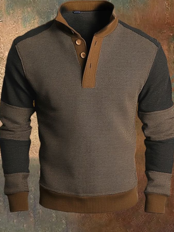 Men'S Casual Retro Contrast Color Stand Collar Long Sleeve Sweatshirt