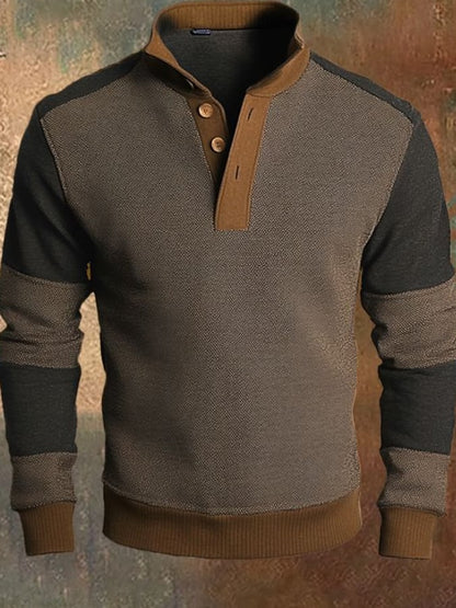 Men'S Casual Retro Contrast Color Stand Collar Long Sleeve Sweatshirt