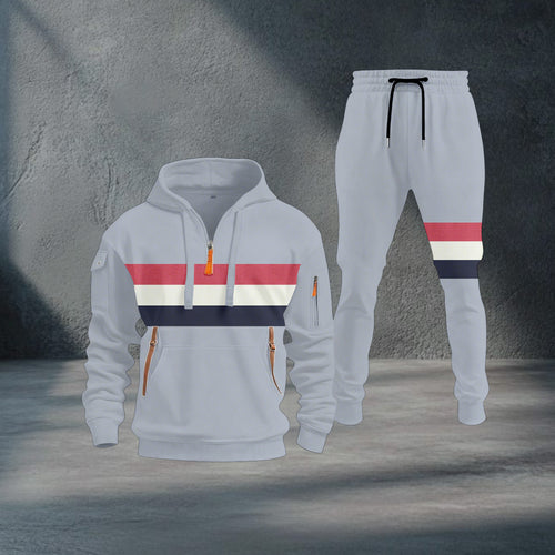 Men's Casual Color Matching Printed Hoodies Long-Sleeve Sweatshirts Trousers Two-Piece Set