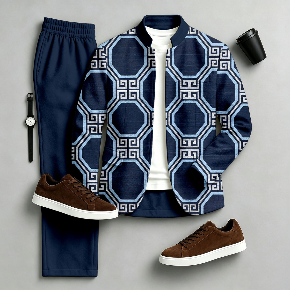 Men's Printed Stand-Collar Jacket and Pants Set