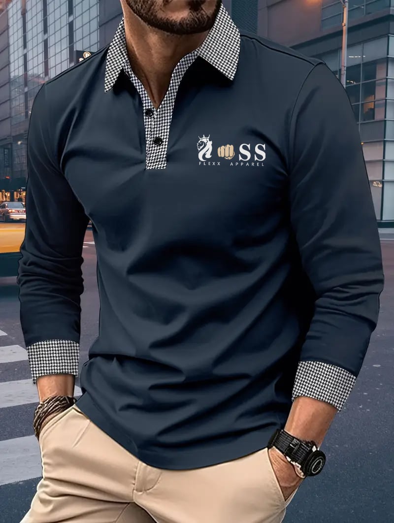 Men's Retro Business Print Long Sleeve Polo Shirt