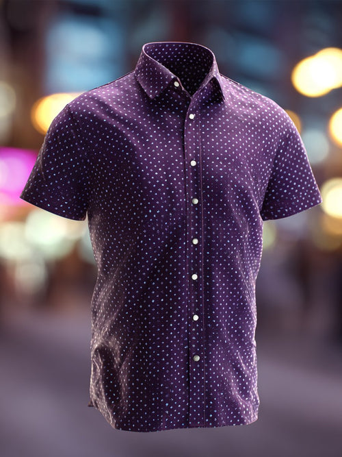 Men's Business Retro Purple Polka Dot Lapel Short Sleeve Shirt