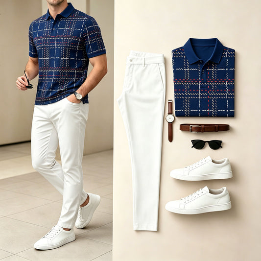 Men's Casual Navy Blue Color Matching Checkered Printed Short Sleeves Polo Shirt & Pants Two Piece Set