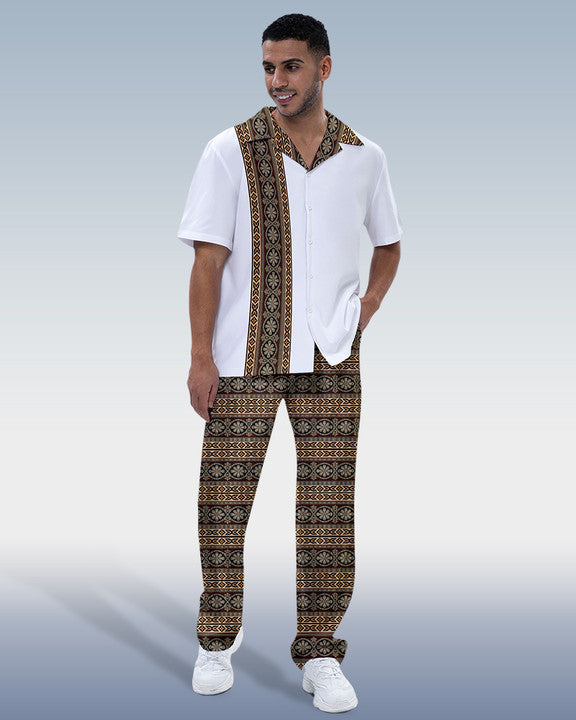 Rianmond Men's Vintage Print Short Sleeve Shirt Walking Set 279