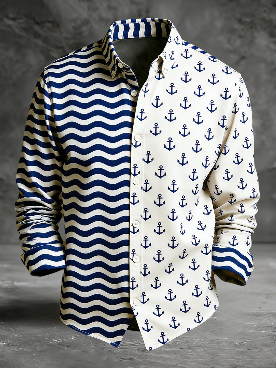 Men's vintage commemorative navy print long-sleeved shirt