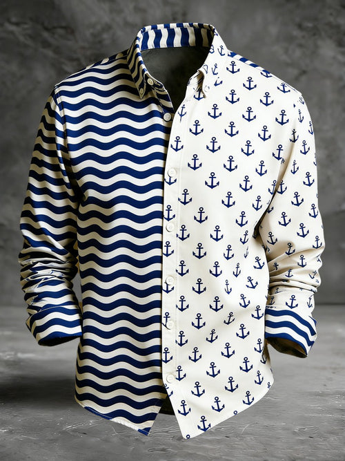 Men's vintage commemorative navy print long-sleeved shirt