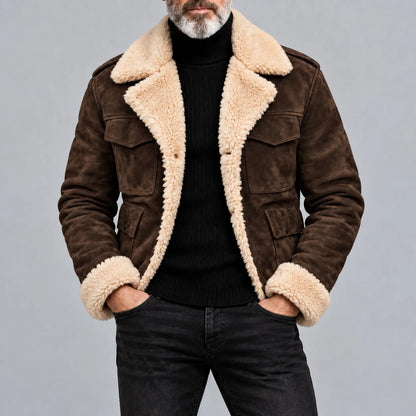 Men's Army Green Suede Multi-Pocket Lapel Collar Single Breasted Thickened Warm Jacket