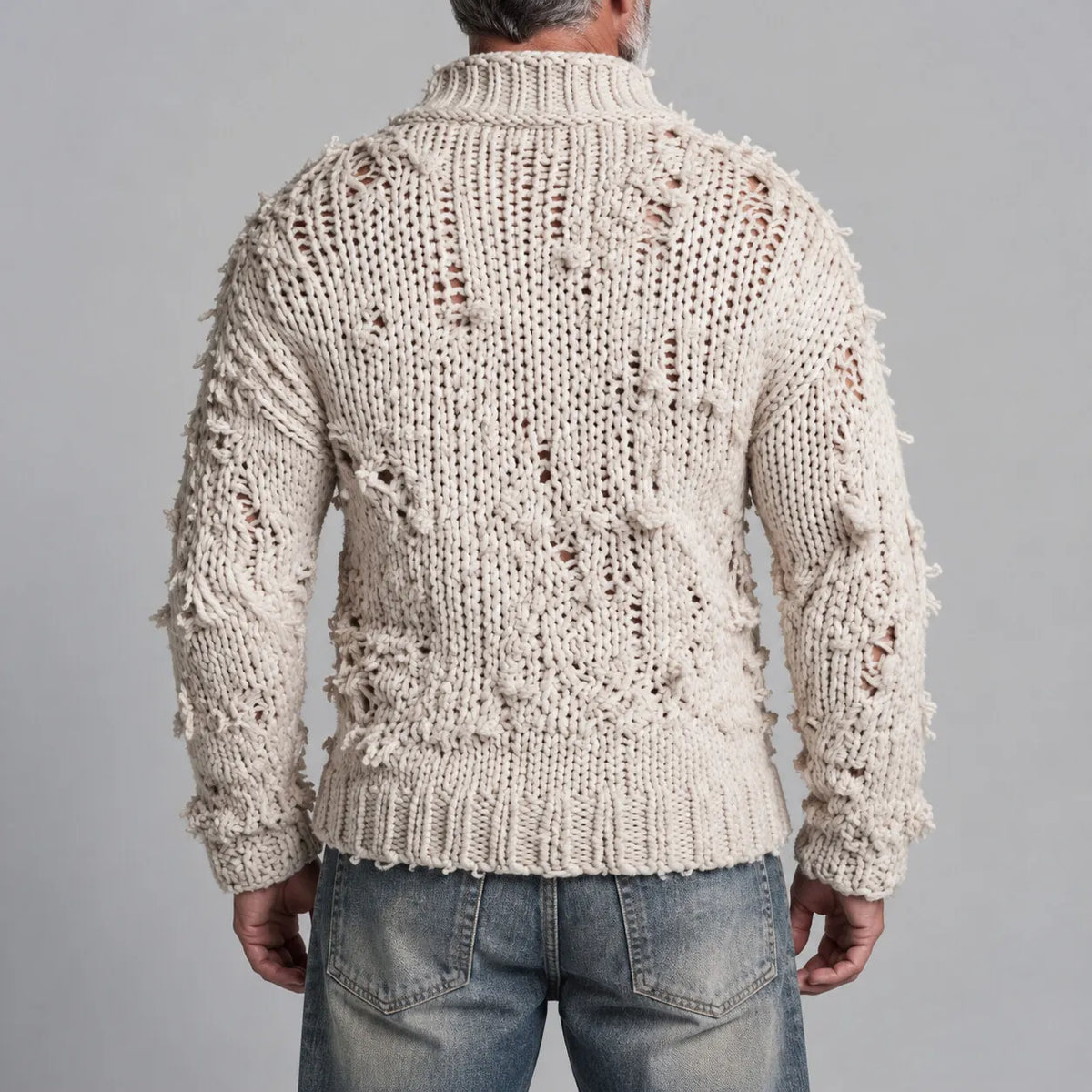 Men's Beige Stand Collar Brass Buttons Vintage Distressed Chunky Knit Cardigan