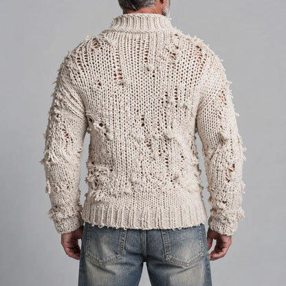 Men's Beige Stand Collar Brass Buttons Vintage Distressed Chunky Knit Cardigan