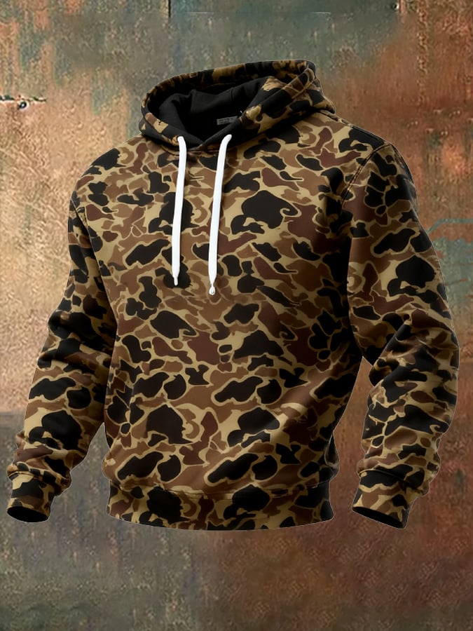 Men's Retro Distressed Color Block Camouflage Print Casual Long Sleeve Sweatshirt