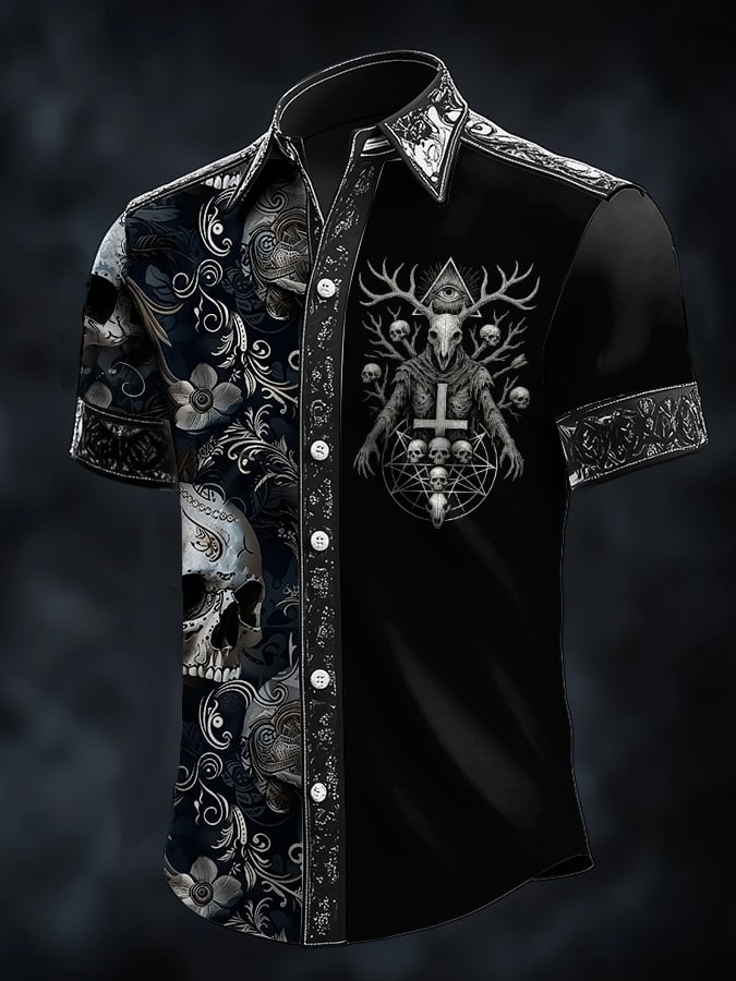 Men's Casual Dark Skull Demon Art Satin Shirt