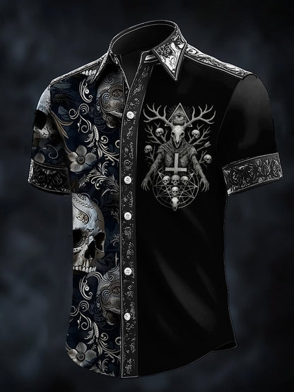 Men's Casual Dark Skull Demon Art Satin Shirt