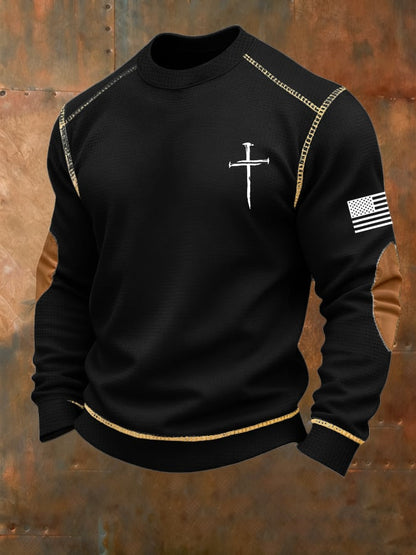 Men's Vintage Faith Cross Print Waffle Crew Neck Sweatshirt
