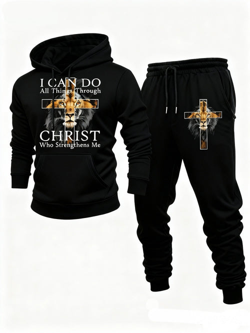 Men's Casual Black & Lion Color Matching Printed Hoodies Long Sleeved Sweatshirts & Sweatpants Two-Piece Set