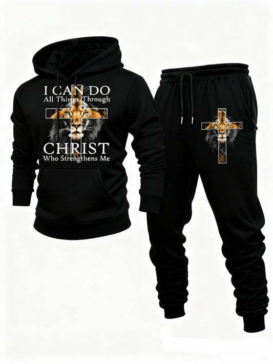 Men's Casual Black & Lion Color Matching Printed Hoodies Long Sleeved Sweatshirts & Sweatpants Two-Piece Set