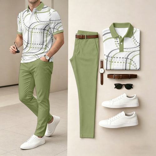 Men's Casual Light Green Printed Polo Shirt And Pants Two-Piece Set