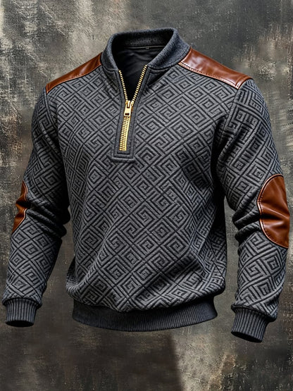 Men'S Vintage-Style Textured Patchwork Color-Block Long-Sleeved Sweatshirt