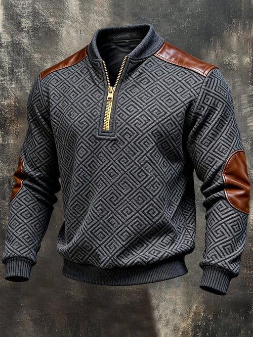 Men'S Vintage-Style Textured Patchwork Color-Block Long-Sleeved Sweatshirt