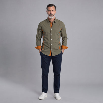 Men's Color-Blocked V-Neck Long-Sleeve Shirt