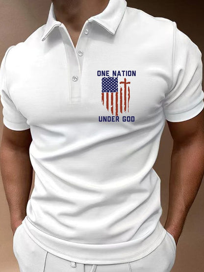 Men's Flag Cross Print Button Casual Polo Shirt