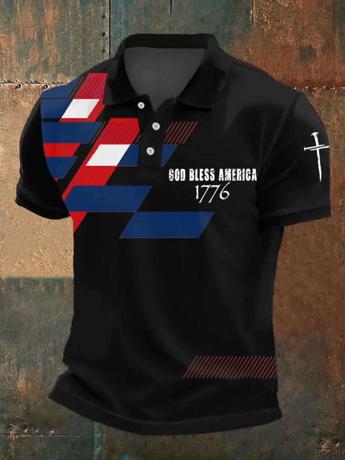 Men's Independence Day Faith Cross God Bless America 1776 Printed Short Sleeve POLO Shirt