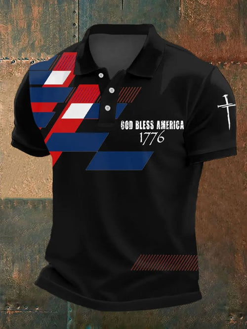 Men's Independence Day Faith Cross God Bless America 1776 Printed Short Sleeve POLO Shirt