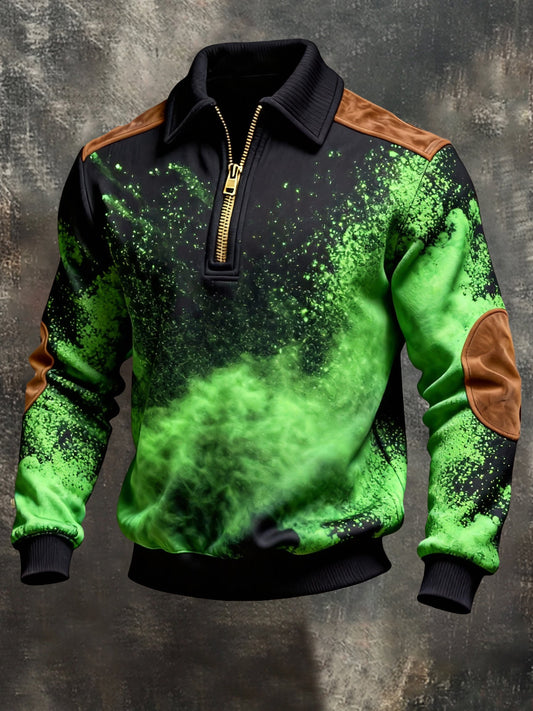 Men's Vintage Color-Block Printed Zip-Up Hoodie