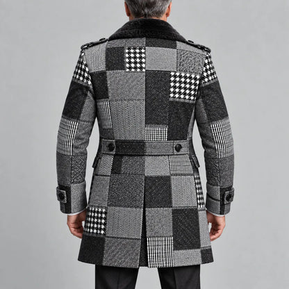 Men's Gray Colorblock Houndstooth Contrast Fluffy Collar Double-Breasted Business Casual Trench Coat