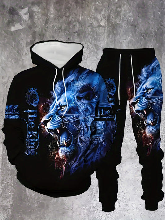 Men's Casual "The King" Lion Printed Hoodies Long Sleeved Sweatshirts & Sweatpants Two-Piece Set