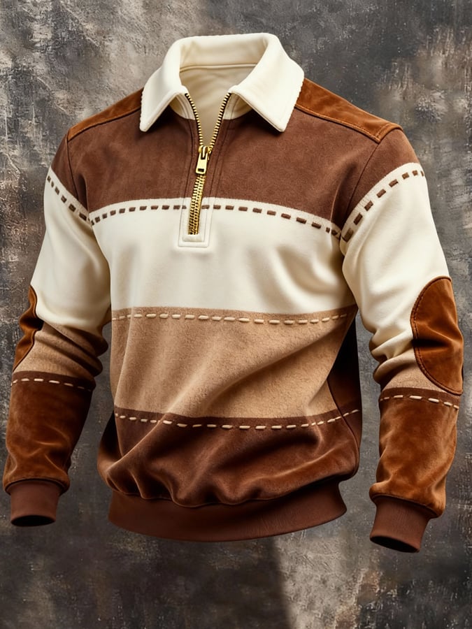 Men's Retro Color Block Print Color-Blocked Zip-Up Sweatshirt