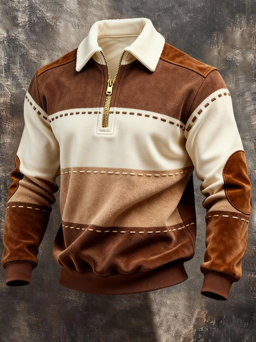 Men's Retro Color Block Print Color-Blocked Zip-Up Sweatshirt