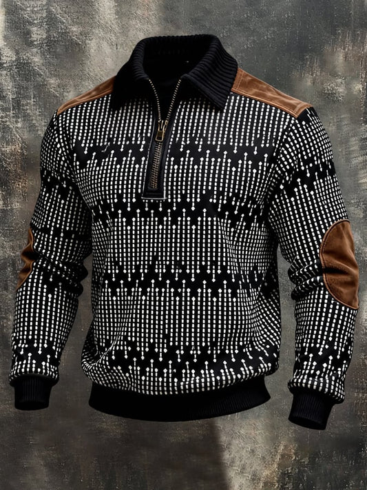 Men's Retro Color Block Print Color-Blocked Zip-Up Sweatshirt