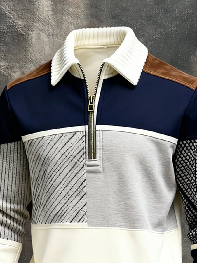Men's Retro Color Block Print Color-Blocked Zip-Up Sweatshirt