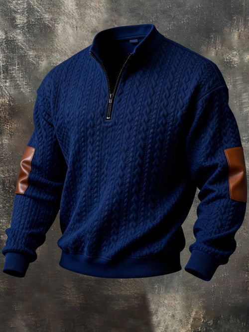 Men's Vintage-Style Textured Leather Paneling Comfortable Zip-Up Sweatshirt