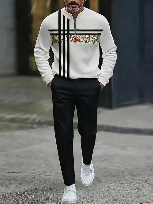 Men's Casual Black & White Color Matching Geometric Printed Round-Neck Zipper Long Sleeved Sweatshirt & Trousers Two-Piece Set