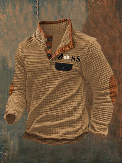 Men's Vintage Lettering Printed Stand Collar Check Button Sweatshirt