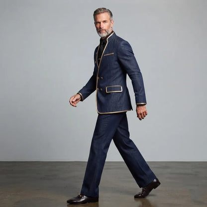 Men's Navy Blue Denim Contrast Piping Stand Collar Double-Breasted Jacket