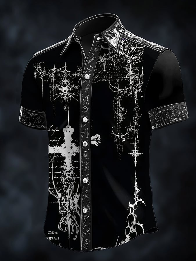 Men's Casual Fashion Dark Pattern Cross Contrast Satin Shirt