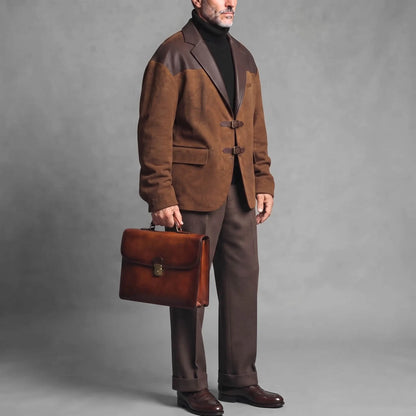 Men's Brown Suede PU Leather Drop Shoulder Notch Lapel Double Buckle Closure Blazer