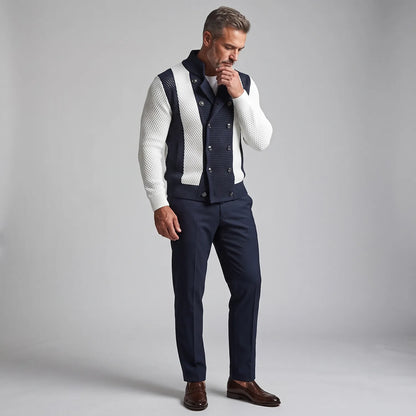 Men's Colorblock Stand Collar Double-Breasted Mesh Hollow Out Cardigan