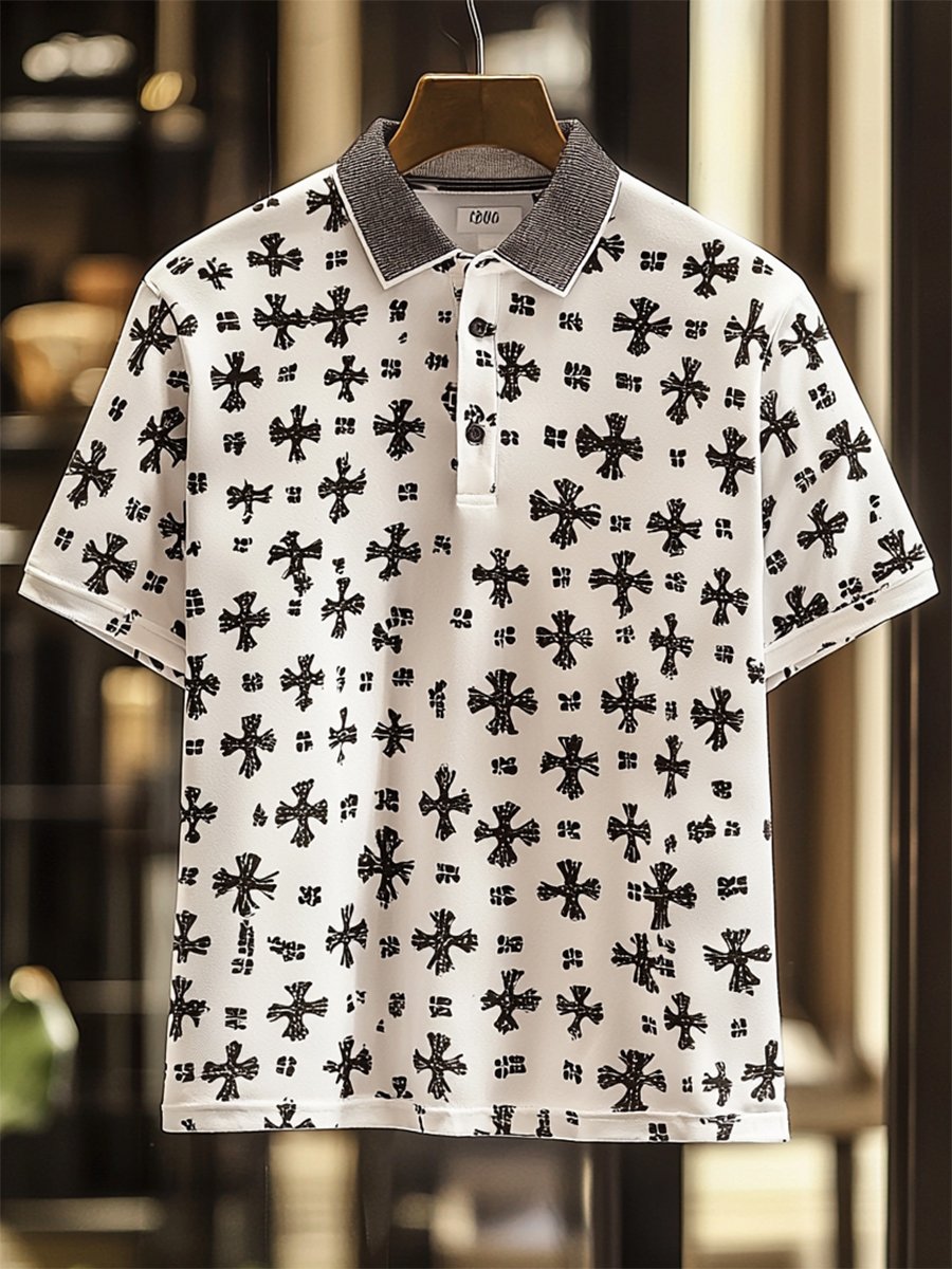 Men's Vintage Casual Cross Art Button Short Sleeve Polo Shirt
