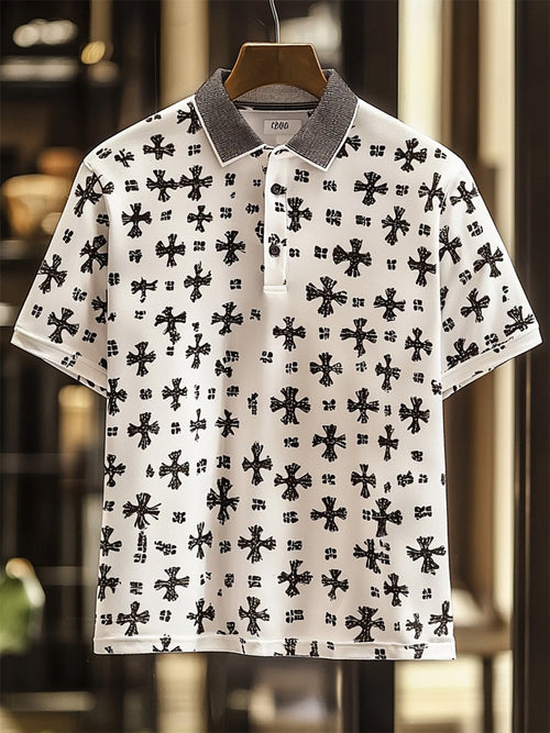 Men's Vintage Casual Cross Art Button Short Sleeve Polo Shirt