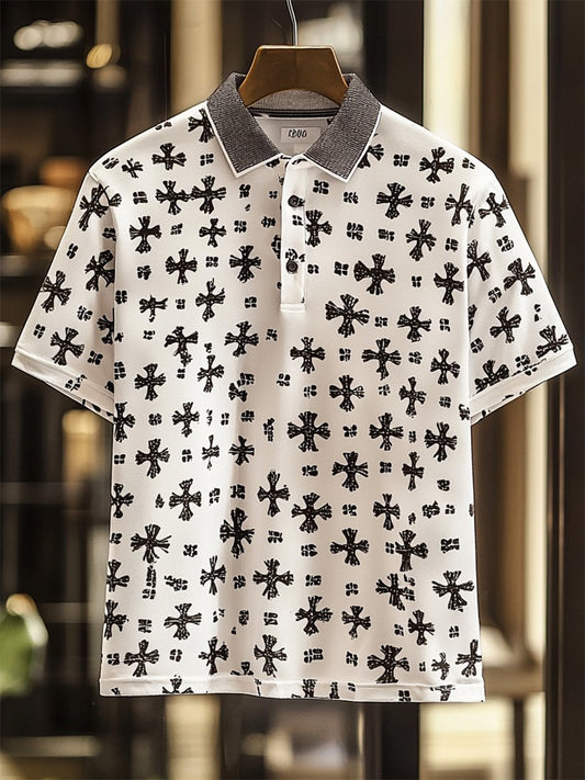 Men's Vintage Casual Cross Art Button Short Sleeve Polo Shirt