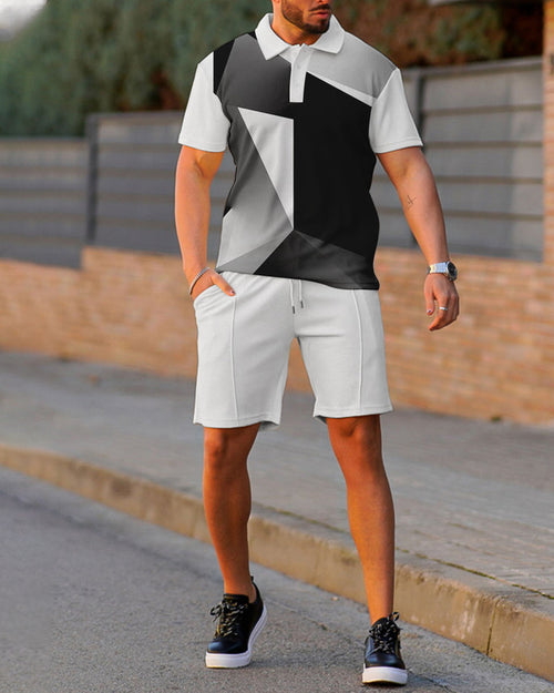 Suitmens Men's Gray Gradient Print Summer POLO Suit
