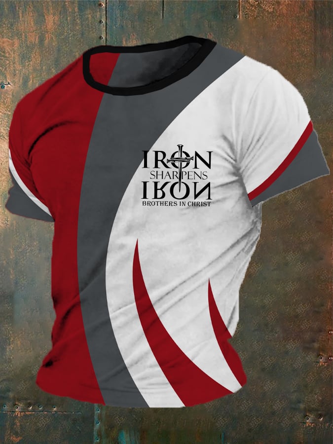 Men's vintage T-shirt with a cross print "Faith, iron sharpens iron, brothers in Christ"